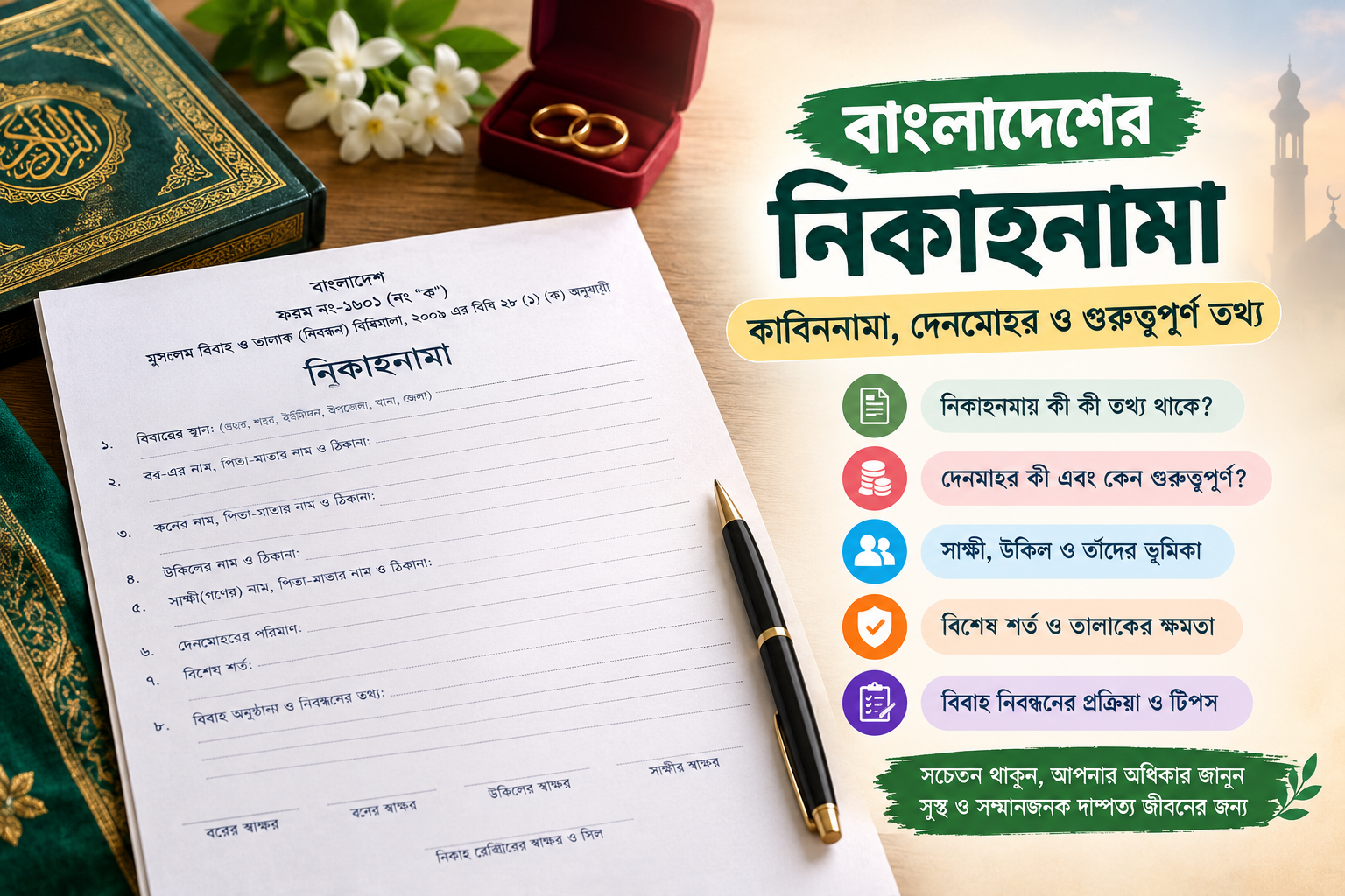 বাংলাদেশের নিকাহনামা বা কাবিননামা, দেনমোহর, সাক্ষী, বিশেষ শর্ত ও বিবাহ নিবন্ধনের গুরুত্বপূর্ণ তথ্য