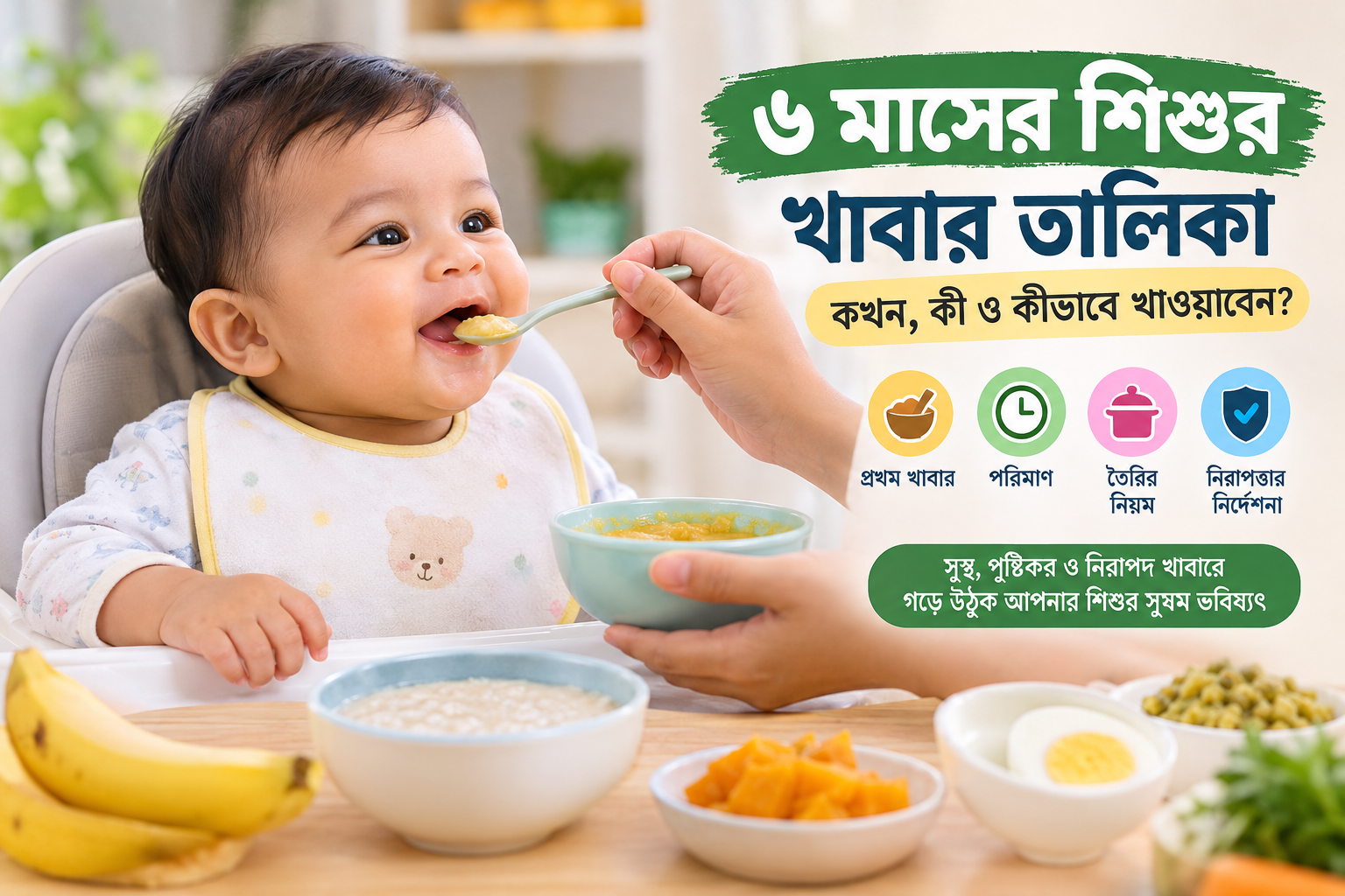 ৬ মাসের শিশুর খাবার তালিকা, প্রথম বাড়তি খাবার, পুষ্টিকর খাবার তৈরির নিয়ম ও নিরাপদে খাওয়ানোর নির্দেশনা